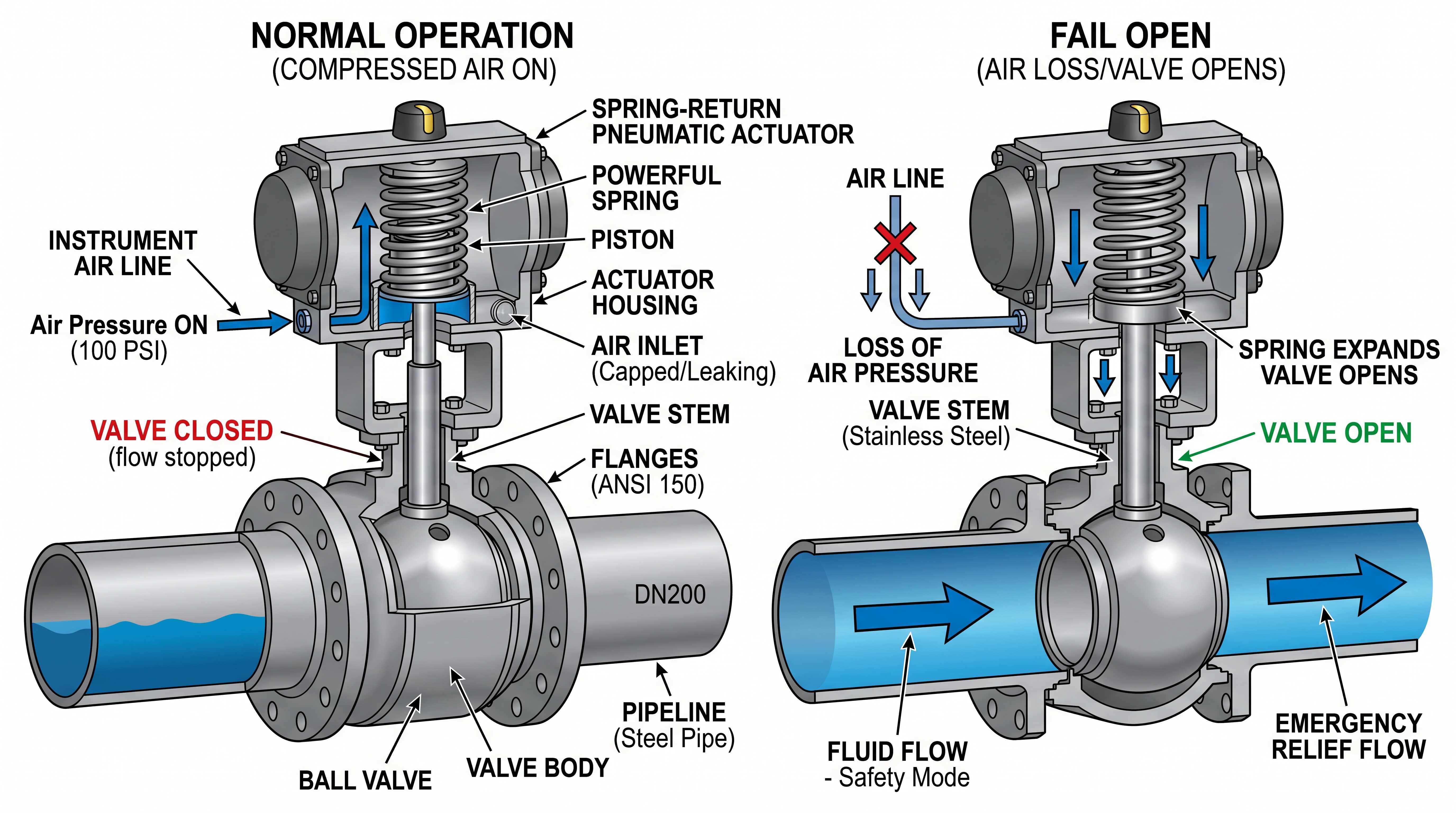 Fail open spring return pneumatic actuator system showing valve closed during normal operation and open during air loss